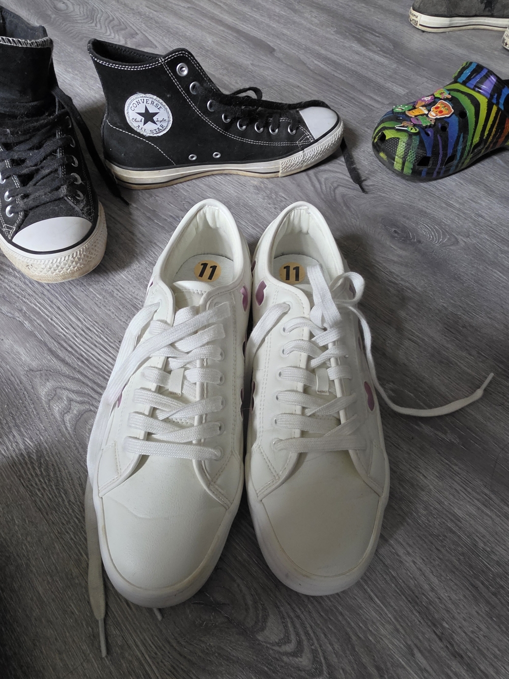 Women's White Lace-Up Sneakers with Pink Heart Accents